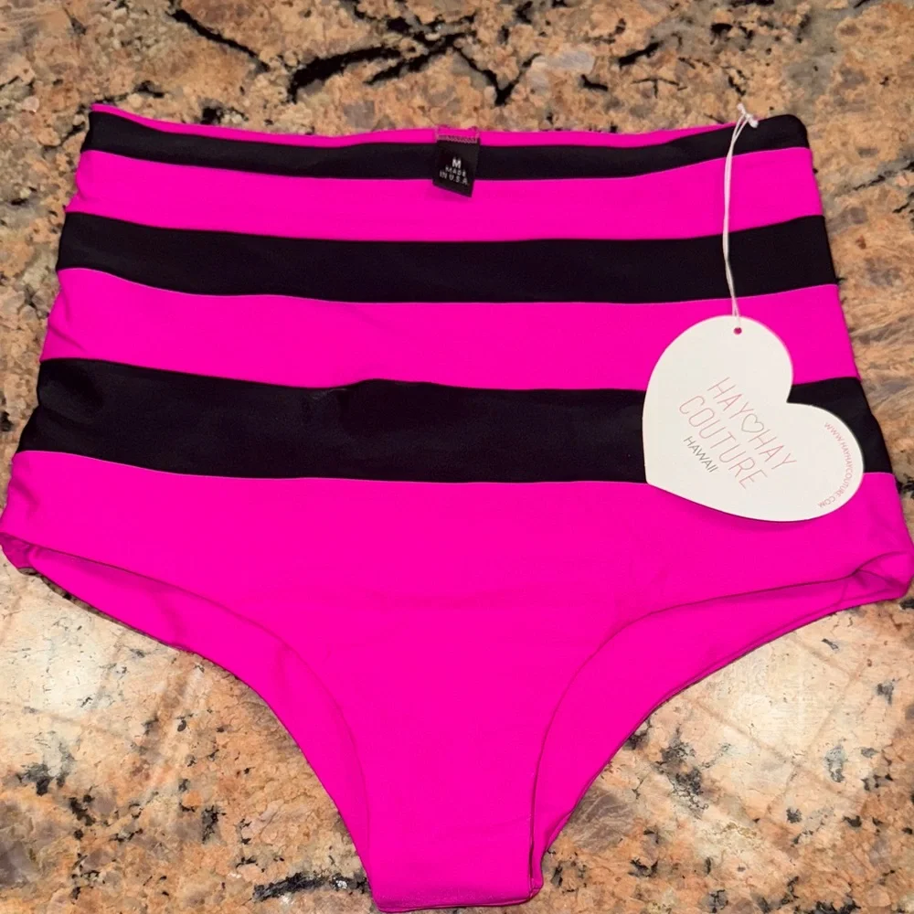 NWT Hayhay Hawaii Pink and Black Striped high waist Bikini Bottom medium